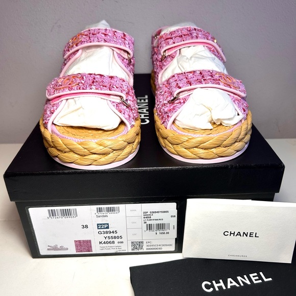 NEW CHANEL 22P DAD SANDALS CC LOGO PINK PURPLE TWEED PAT.LEATHER SZ 38 - Picture 4 of 16